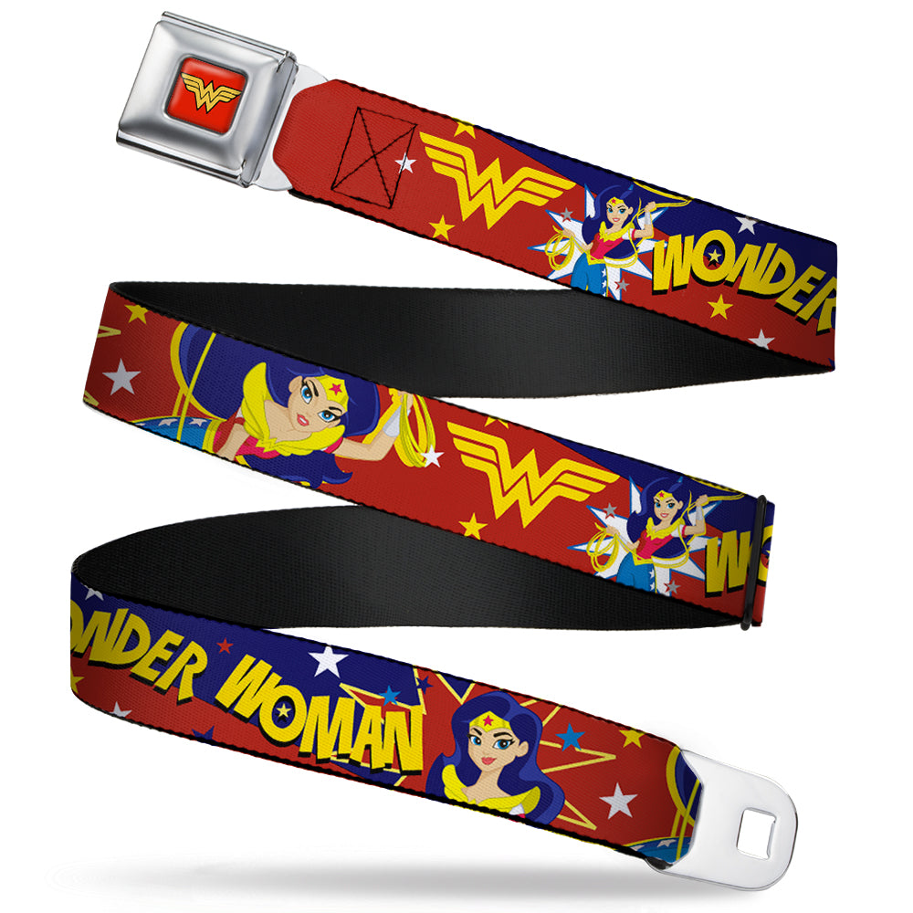 Wonder Woman Logo Full Color Red Seatbelt Belt - DC Girls WONDER WOMAN 3-Poses/Logo/Stars Red/Gold/Blues/White Webbing