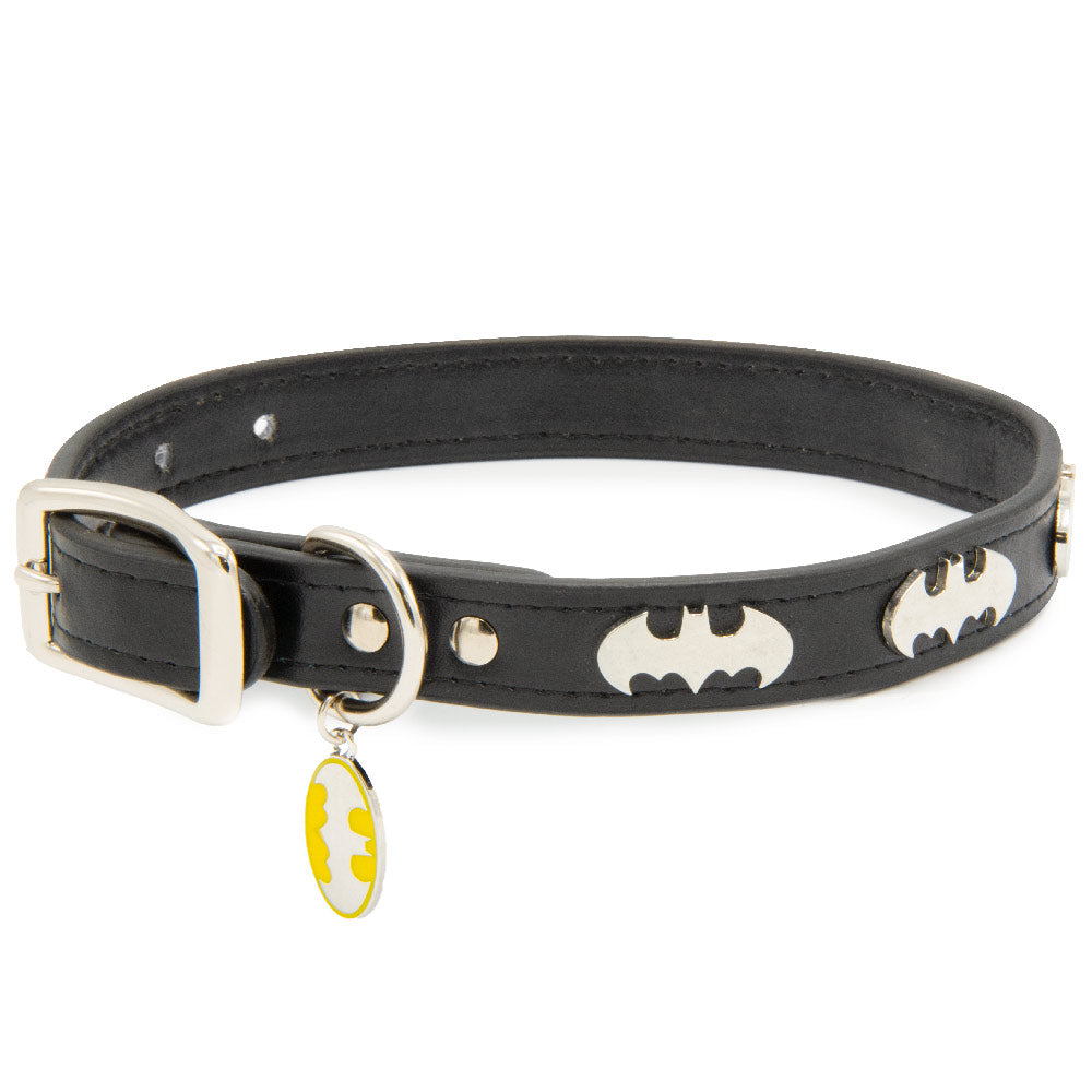 Vegan Leather Dog Collar - Batman Black with Bat Signal Embellishments &amp; Metal Charm