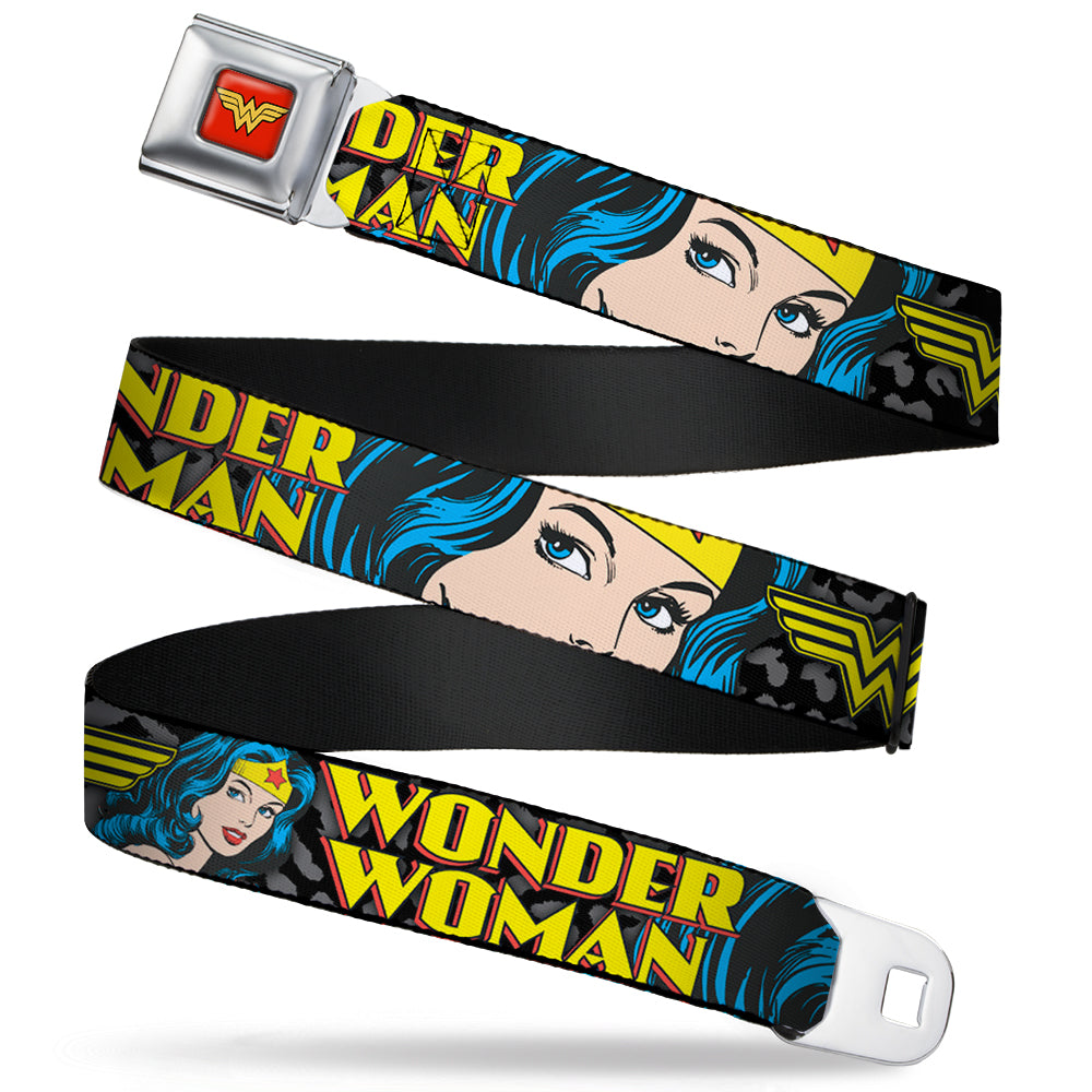 Wonder Woman Logo Full Color Red Seatbelt Belt - WONDER WOMAN w/Face CLOSE-UP Leopard Black/Gray Webbing