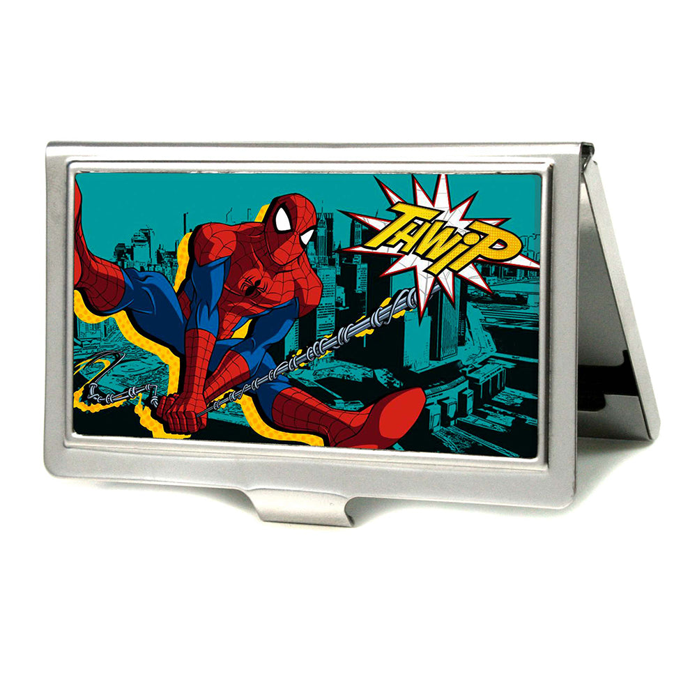 ULTIMATE SPIDER-MAN 

Business Card Holder - SMALL - Spider-Man Swinging THWIP Pose/Skyline FCG Turquoise/Black/Yellows