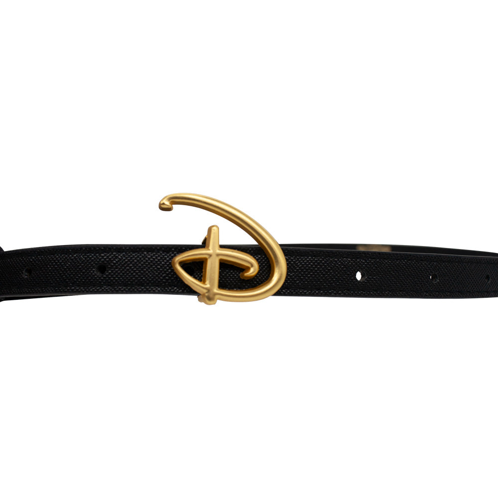 Disney Signature D Logo Gold Cast Buckle - 0.5 Inch Wide Black Vegan Leather Strap Belt