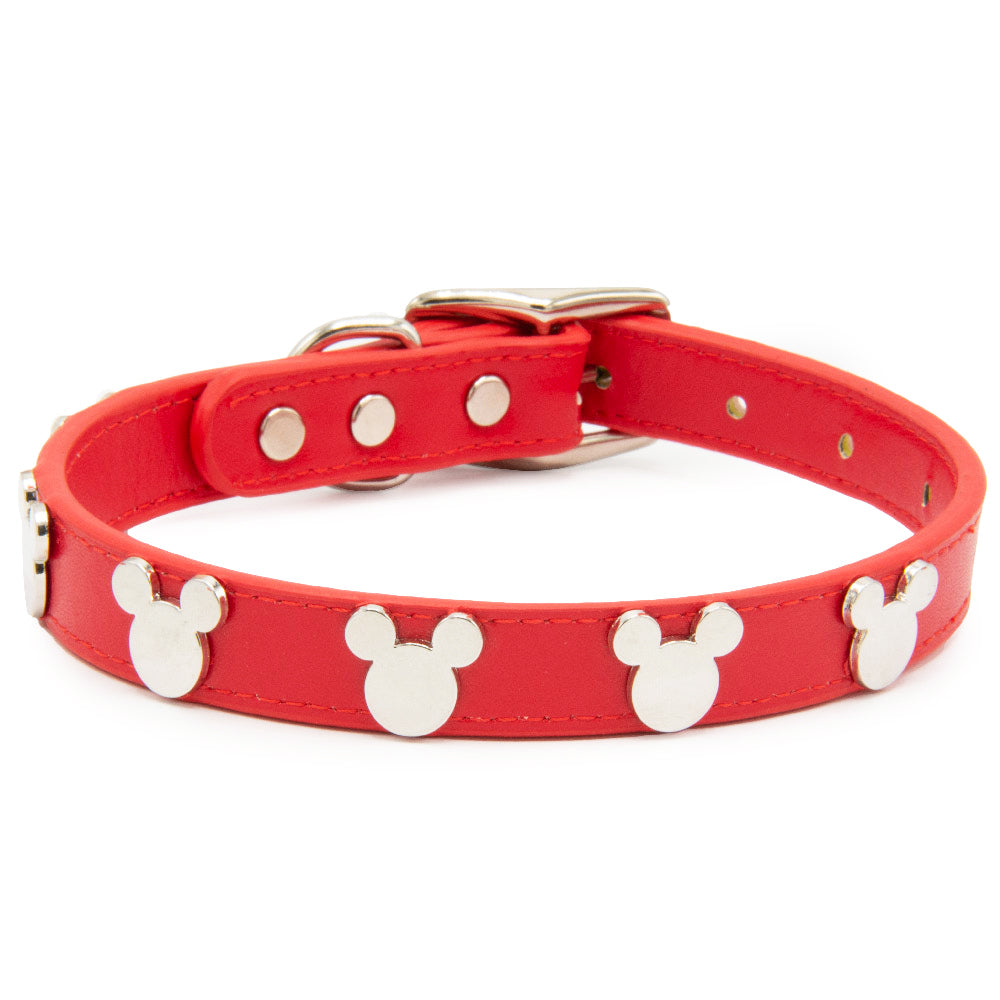 Vegan Leather Dog Collar - Disney Red PU w Silver Cast Mickey Mouse Head Icon Embellishments and Charm