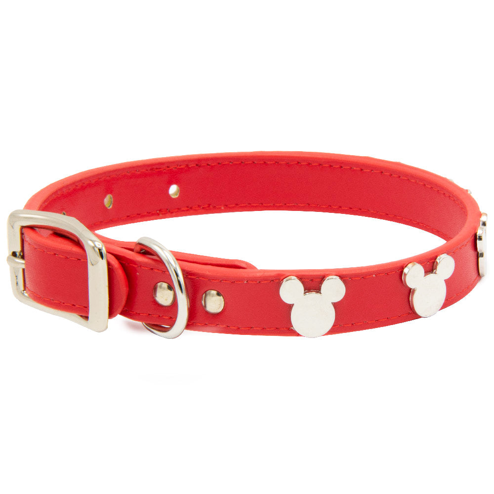 Vegan Leather Dog Collar - Disney Red PU w Silver Cast Mickey Mouse Head Icon Embellishments and Charm