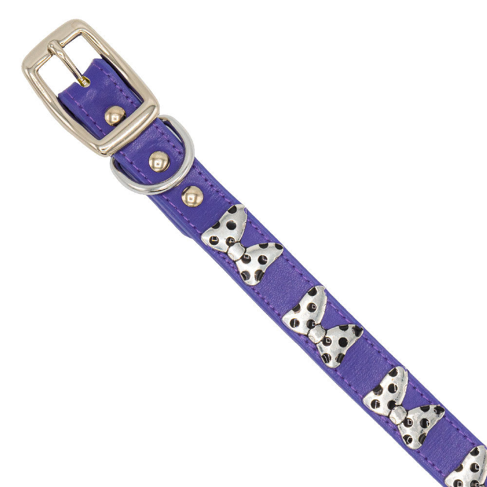 Vegan Leather Dog Collar - Disney Purple PU w Silver Cast Minnie Mouse Bow Embellishments and Charm