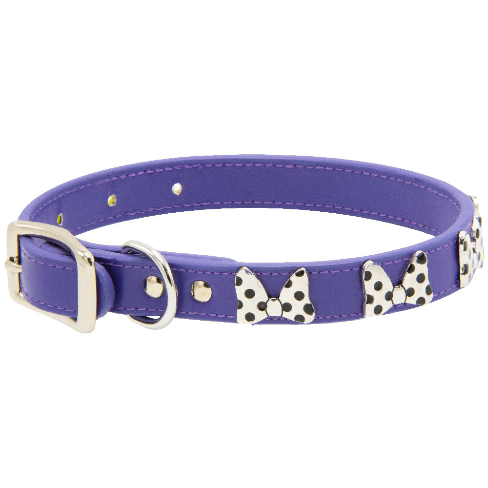 Vegan Leather Dog Collar - Disney Purple PU w Silver Cast Minnie Mouse Bow Embellishments and Charm