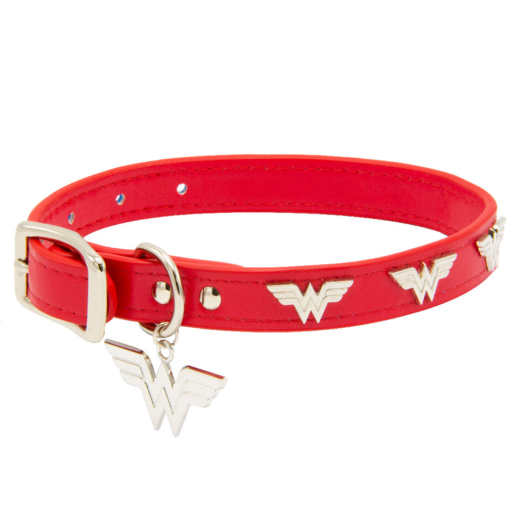 Vegan Leather Dog Collar - Wonder Woman Red with WW Icon Embellishments &amp; Metal Charm