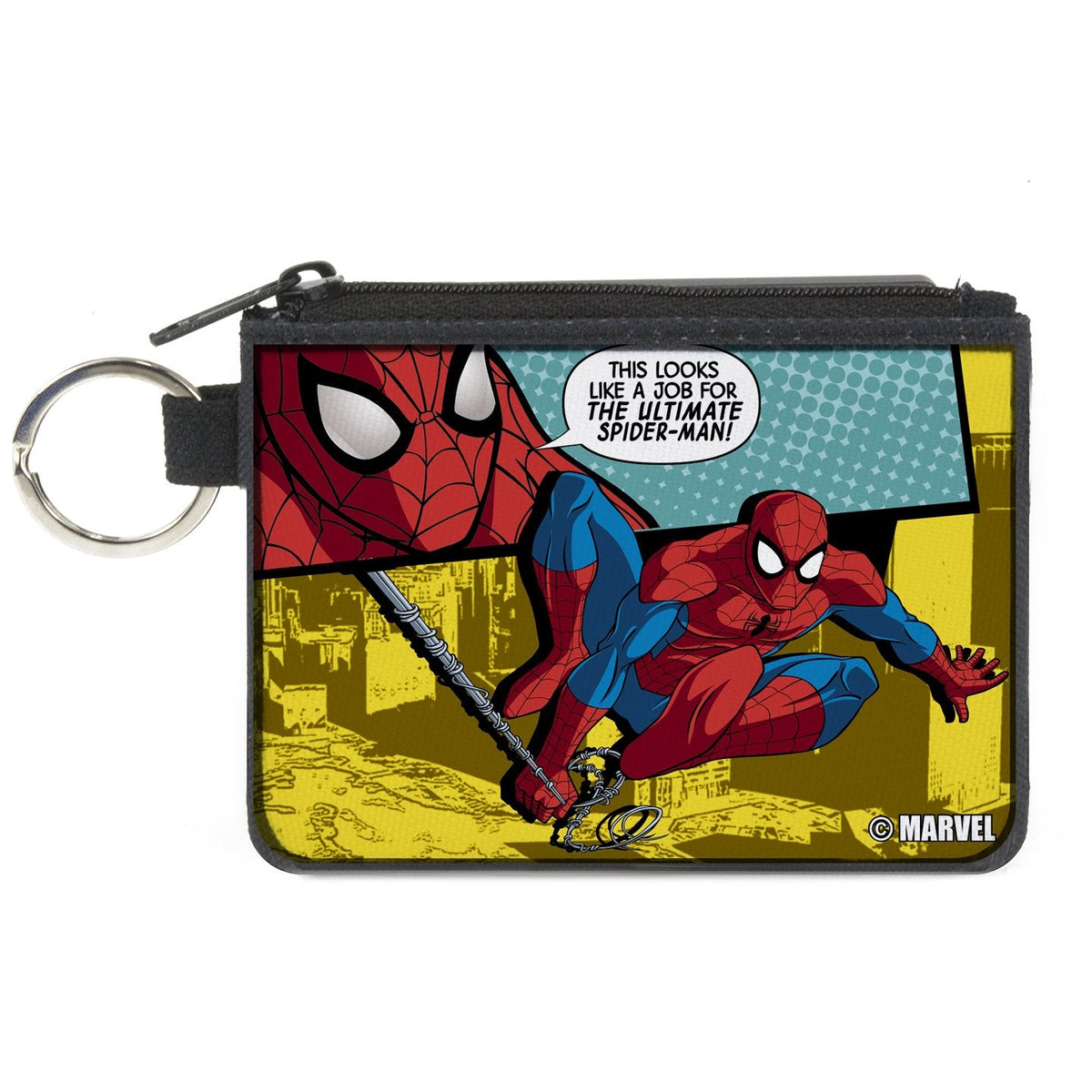 MARVEL UNIVERSE  
Canvas Zipper Wallet - MINI X-SMALL - Spider-Man Face/Action Pose Quote Bubble THIS LOOKS LIKE A JOB FOR THE ULTIMATE SPIDER-MAN! Teals/Yellows