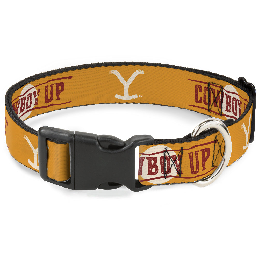 Plastic Clip Collar - Yellowstone Y Logo COWBOY UP Text Yellow/Red/White