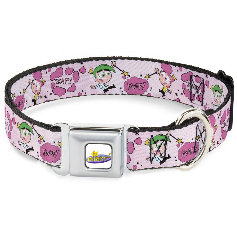 THE FAIRLY ODDPARENTS Logo Full Color White Seatbelt Buckle Collar - The Fairly OddParents Cosmo and Wanda Wish Poses Pink