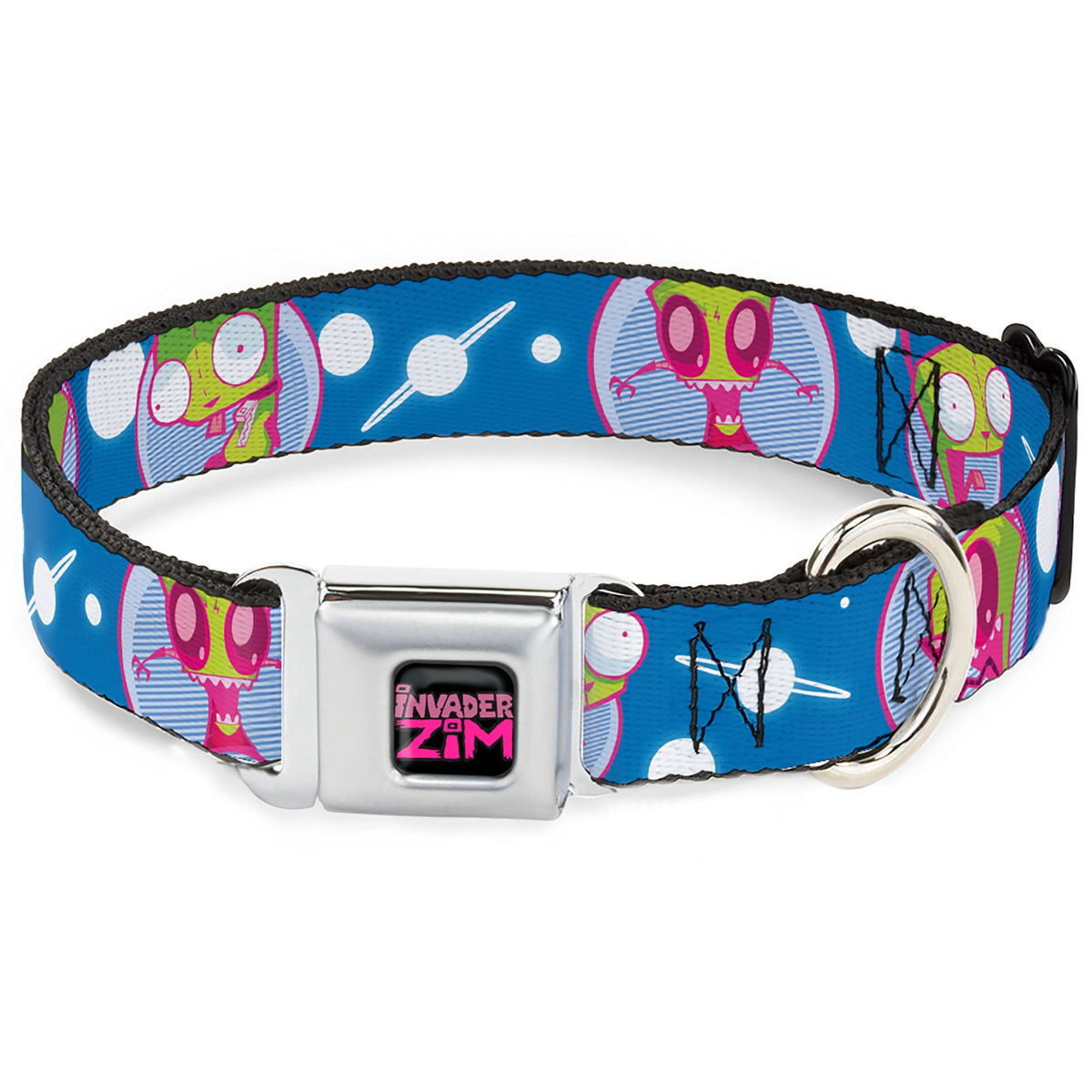 INVADER ZIM Title Logo Full Color Pink/Green Seatbelt Buckle Collar - Invader Zim and GIR Poses and Planets Blue/White
