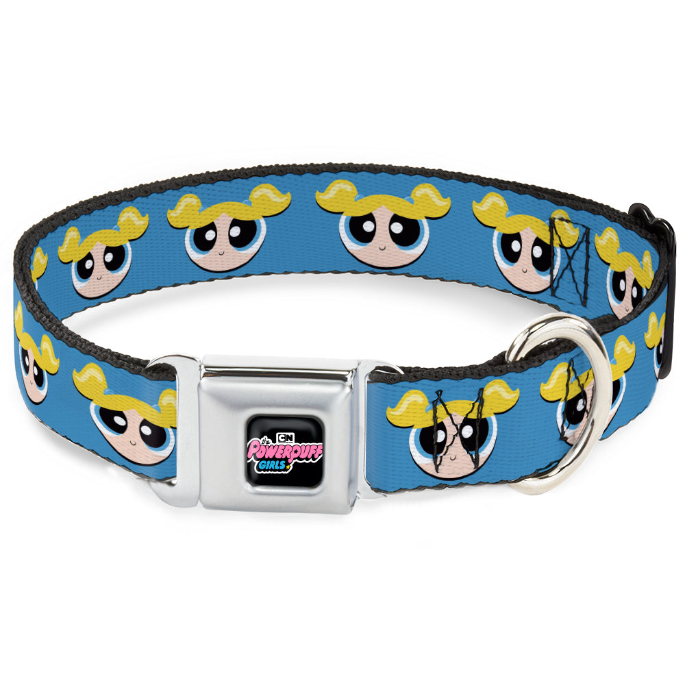 THE POWERPUFF GIRLS Animated Series Title Logo Full Color Black Seatbelt Buckle Collar - The Powerpuff Girls Bubbles Face Close-Up Blue