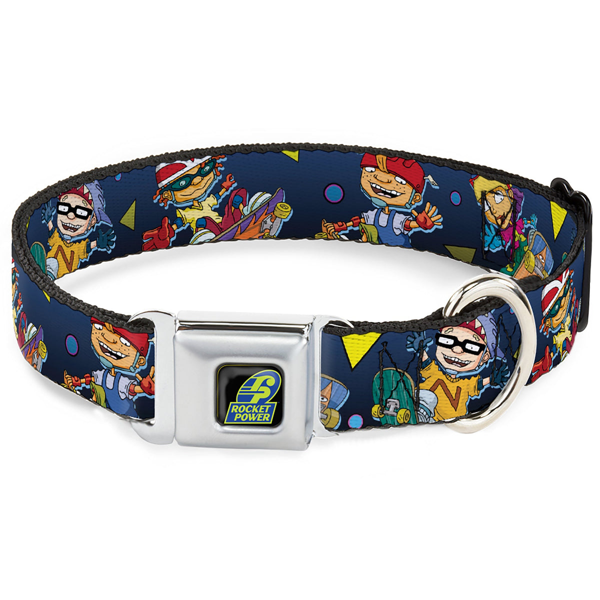 ROCKET POWER RP Logo Full Color Black/Green/Blue Seatbelt Buckle Collar - Rocket Power 4-Character Action Poses/Shapes Cool Gray/Multi Color