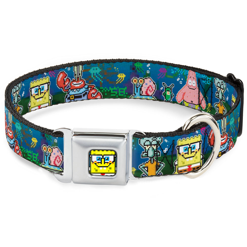 Pixelated SpongeBob Nerd Pose Full Color Blue Seatbelt Buckle Collar - SpongeBob &amp; Friends 8-Bit Scene