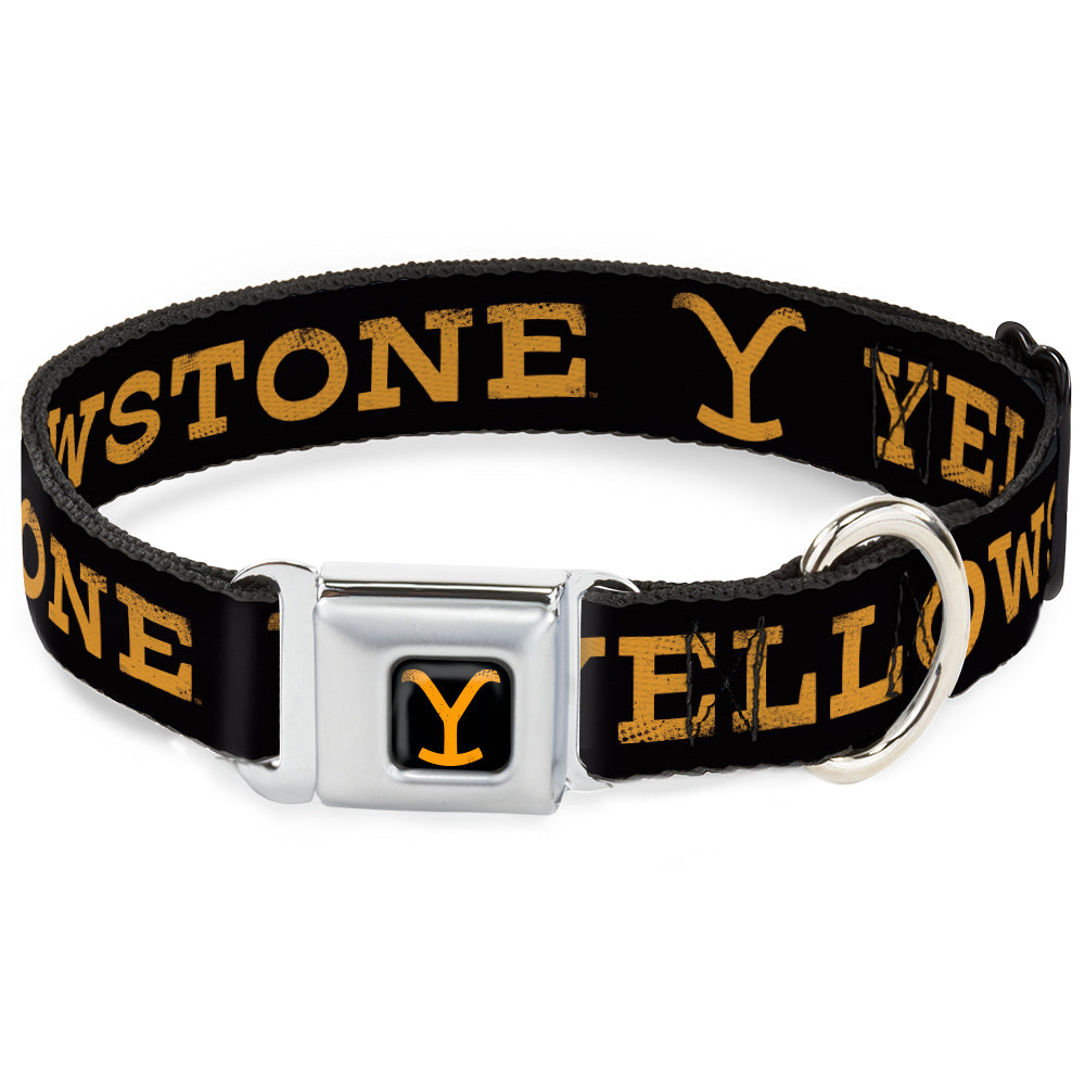 Yellowstone Y Logo Full Color Black/Orange Seatbelt Buckle Collar - YELLOWSTONE Text and Y Logo Weathered Black/Orange