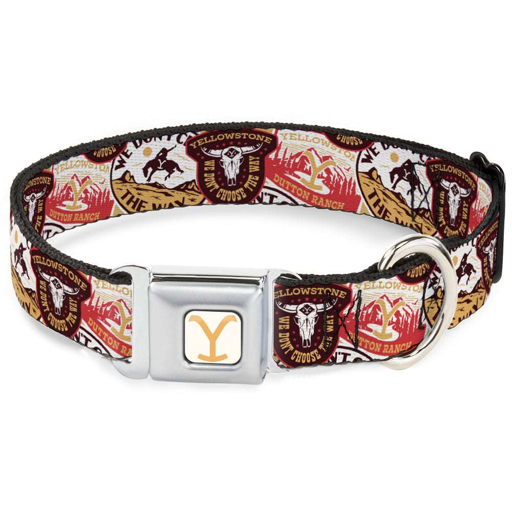 Yellowstone Y Logo Full Color White/Yellow Seatbelt Buckle Collar - Yellowstone Patches Stacked Browns/Reds/Yellows
