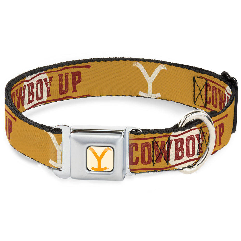 Yellowstone Y Logo Weathered Full Color White/Yellow Seatbelt Buckle Collar - Yellowstone Y Logo COWBOY UP Text Yellow/Red/White