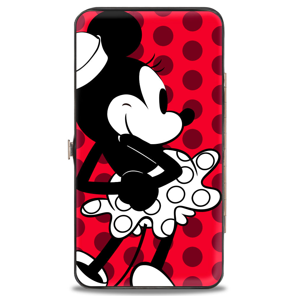 Hinged Wallet - Vintage Minnie Smiling Pose Front + Back Views Dots Reds/Black/White