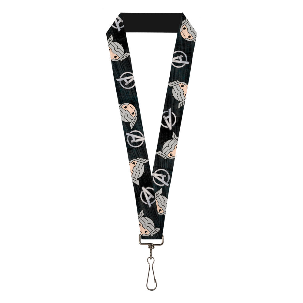 MARVEL UNIVERSE 

Lanyard - 1.0&quot; - Marvel Kawaii Thor Face and Avengers Icon Scattered Black/Grays