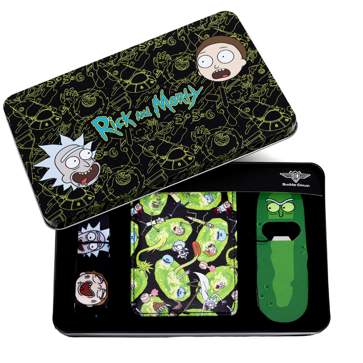 Rick and Morty 4 piece gift set - Bi Fold Wallet, Lanyard, Bottle Opener Keychain &amp; Collectible Tin