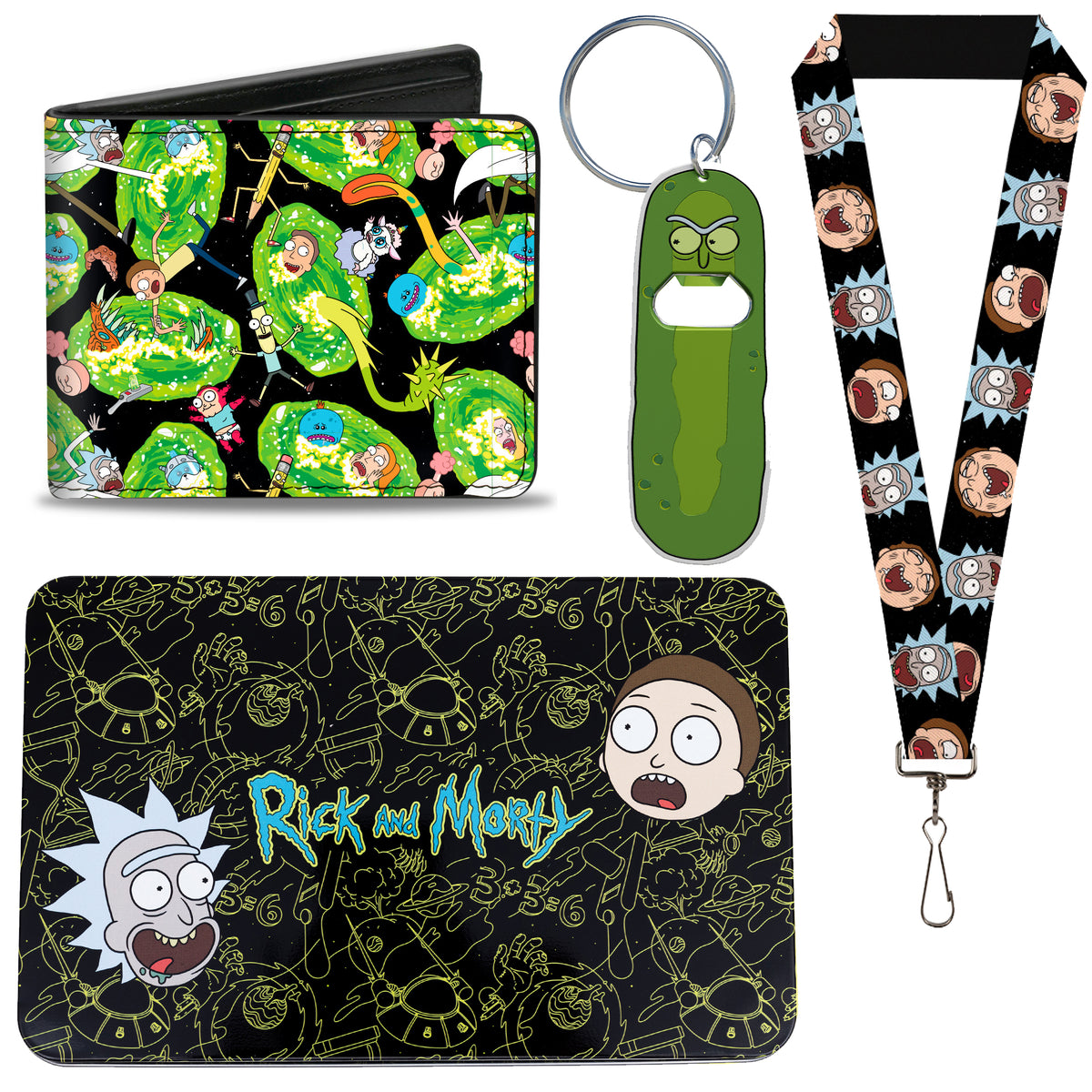 Rick and Morty 4 piece gift set - Bi Fold Wallet, Lanyard, Bottle Opener Keychain &amp; Collectible Tin