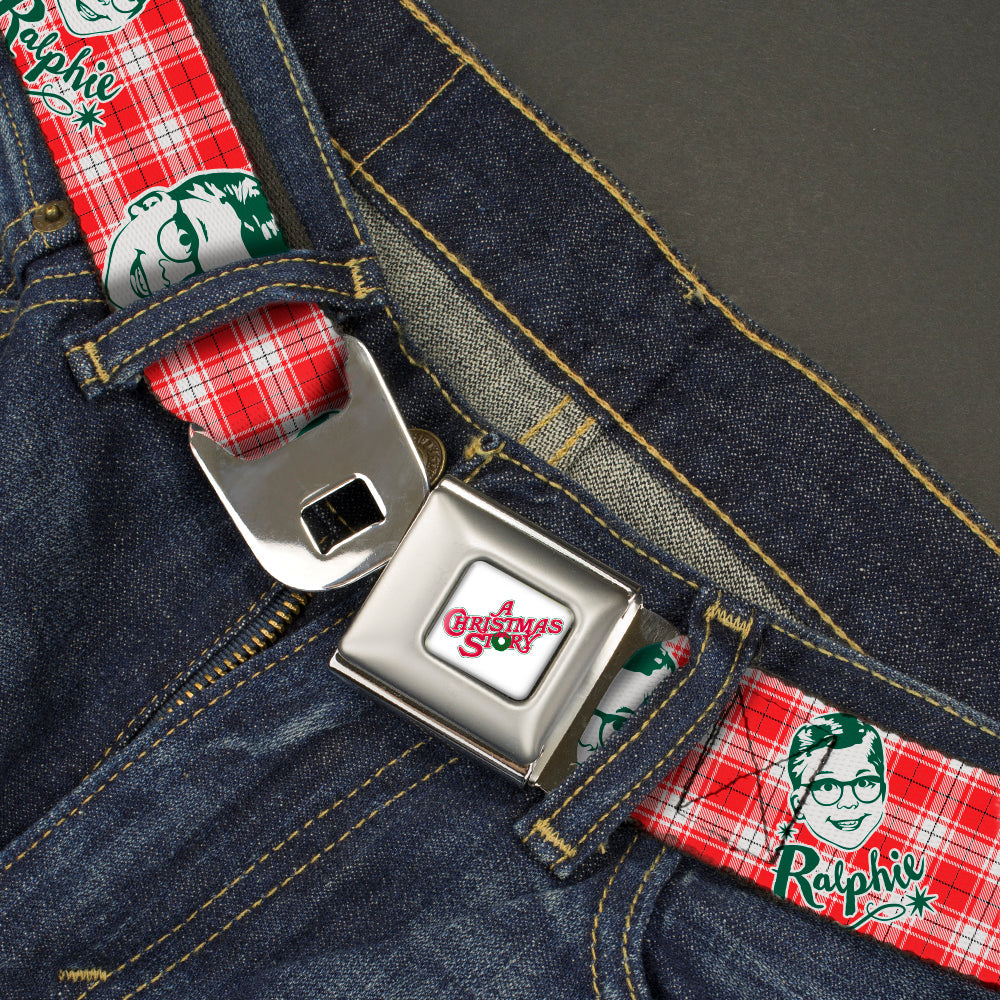 A CHRISTMAS STORY Wreath Logo Full Color White Seatbelt Belt - A Christmas Story RALPHIE Smiling Face Plaid Red/White/Green Webbing