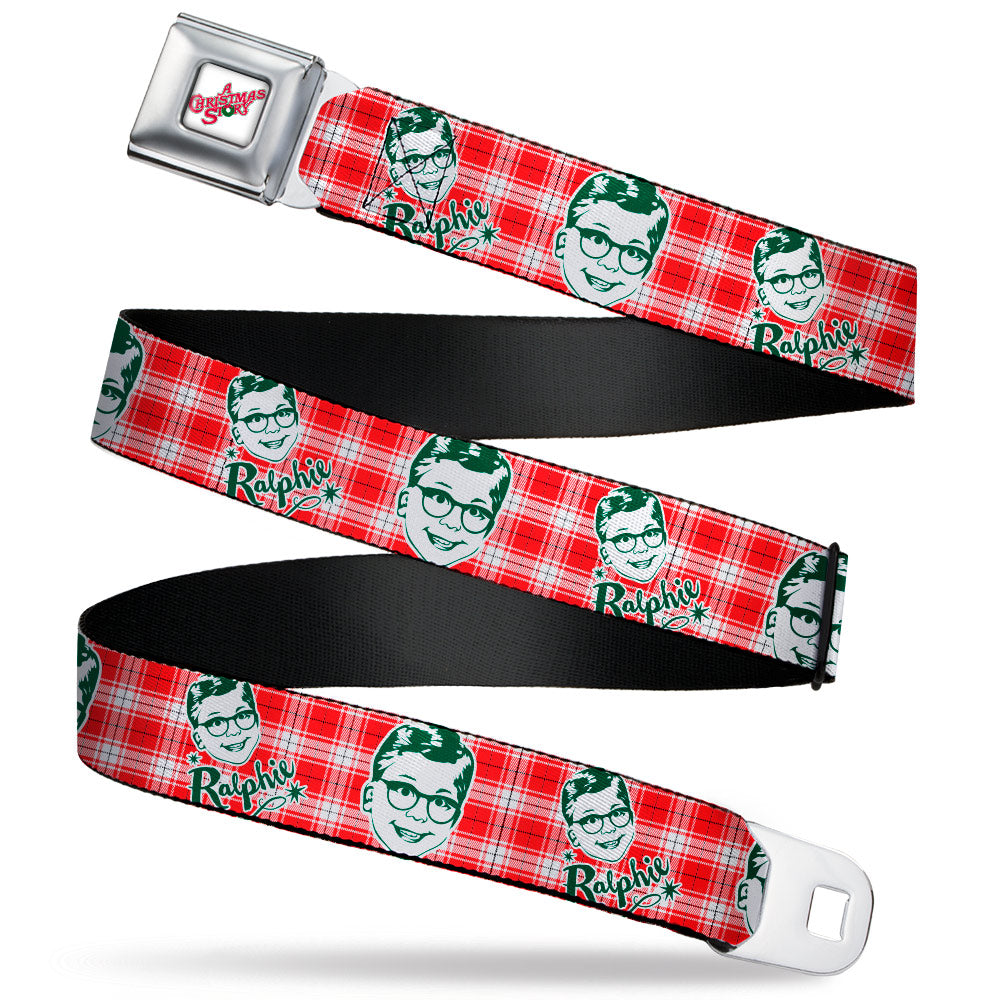 A CHRISTMAS STORY Wreath Logo Full Color White Seatbelt Belt - A Christmas Story RALPHIE Smiling Face Plaid Red/White/Green Webbing