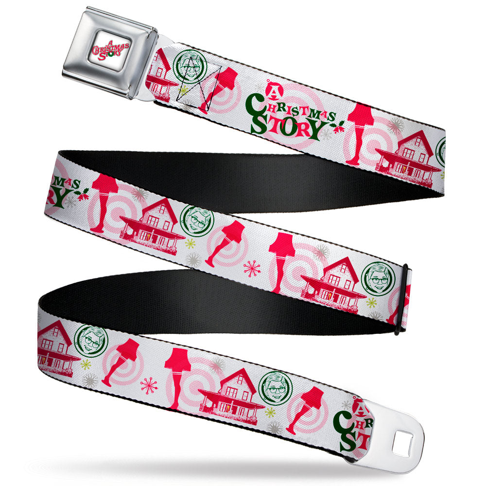 A CHRISTMAS STORY Wreath Logo Full Color White Seatbelt Belt - A Christmas Story Icons Collage White/Reds/Greens Webbing