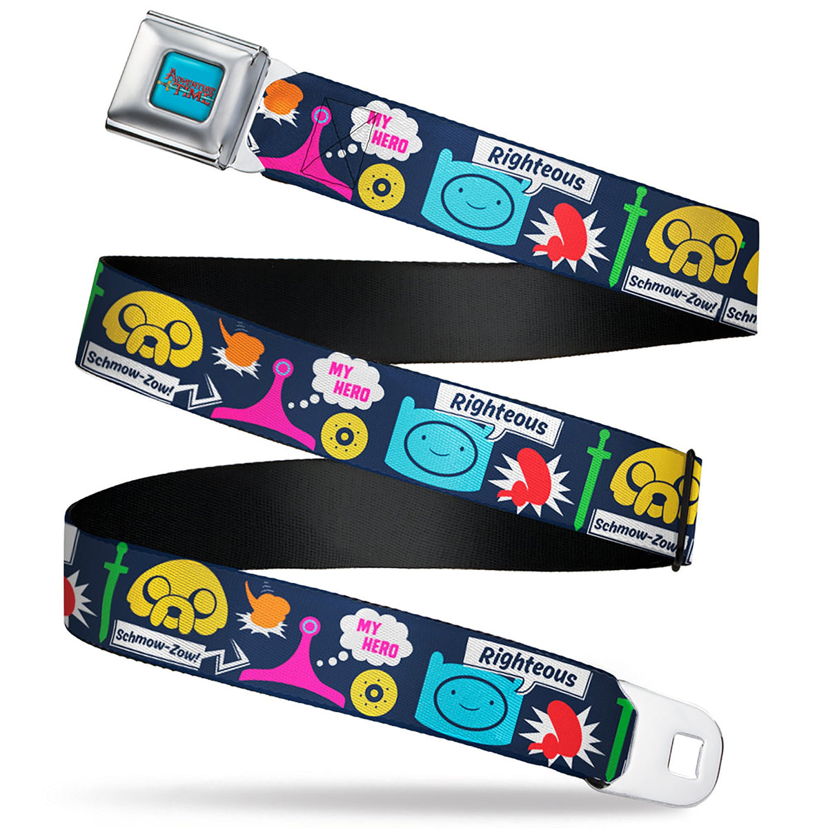 ADVENTURE TIME Title Logo Full Color Blue Seatbelt Belt - Adventure Time Finn and Jake Icons and Quotes Navy/Multi Color Webbing