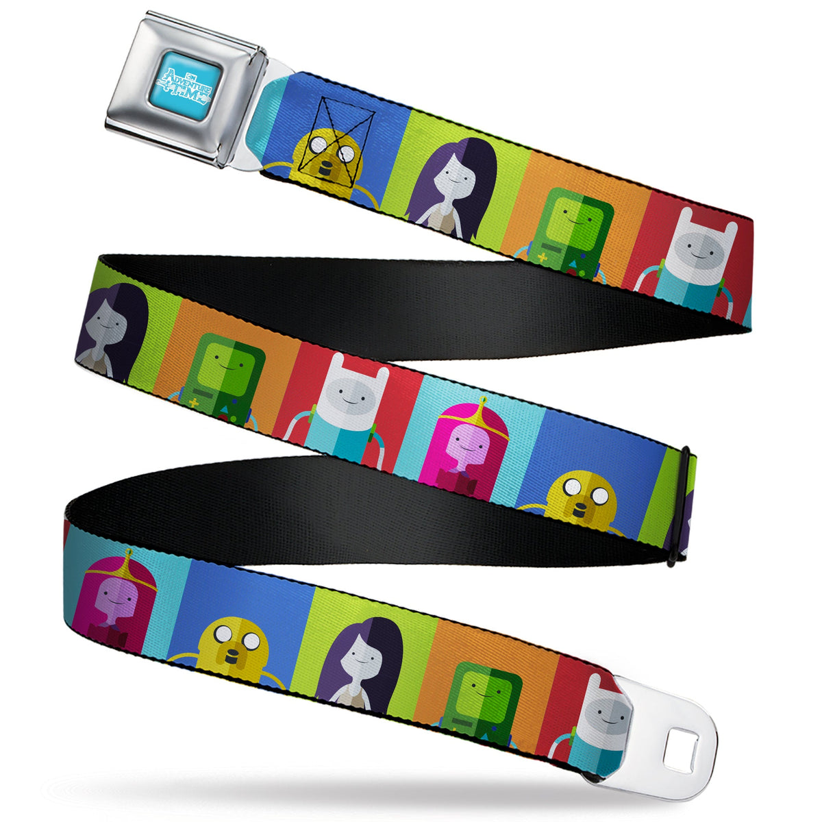 ADVENTURE TIME Title Logo Full Color Blue/White Seatbelt Belt - Adventure Time 5-Character Pose Color Blocks Multi Color Webbing