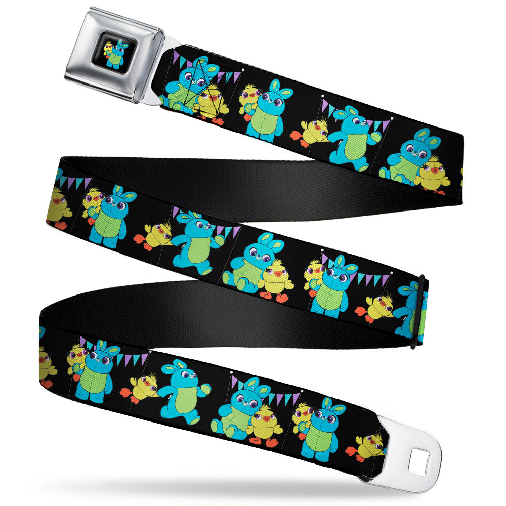 Toy Story Ducky and Bunny Pose Full Color Black Seatbelt Belt - Toy Story Ducky and Bunny 2-Poses/Flags Black/Purple/Blue Webbing