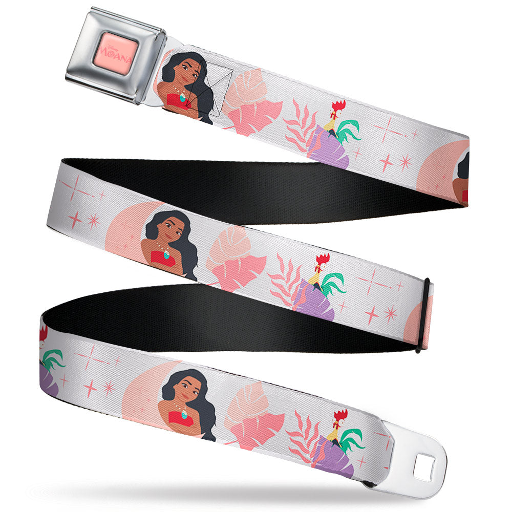 MOANA Title Logo Full Color Pinks Seatbelt Belt - Moana and Hei Hei Poses with Flowers Beige/Orange Webbing