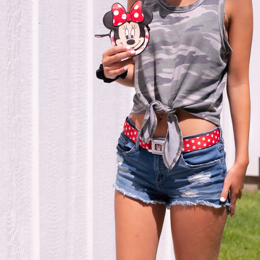 Minnie Mouse w Bow CLOSE-UP Full Color Black Red White Seatbelt Belt - Minnie Mouse Polka Dots Red/White Webbing