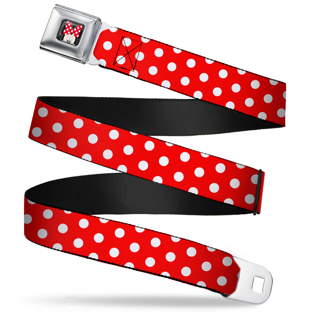 Minnie Mouse w Bow CLOSE-UP Full Color Black Red White Seatbelt Belt - Minnie Mouse Polka Dots Red/White Webbing