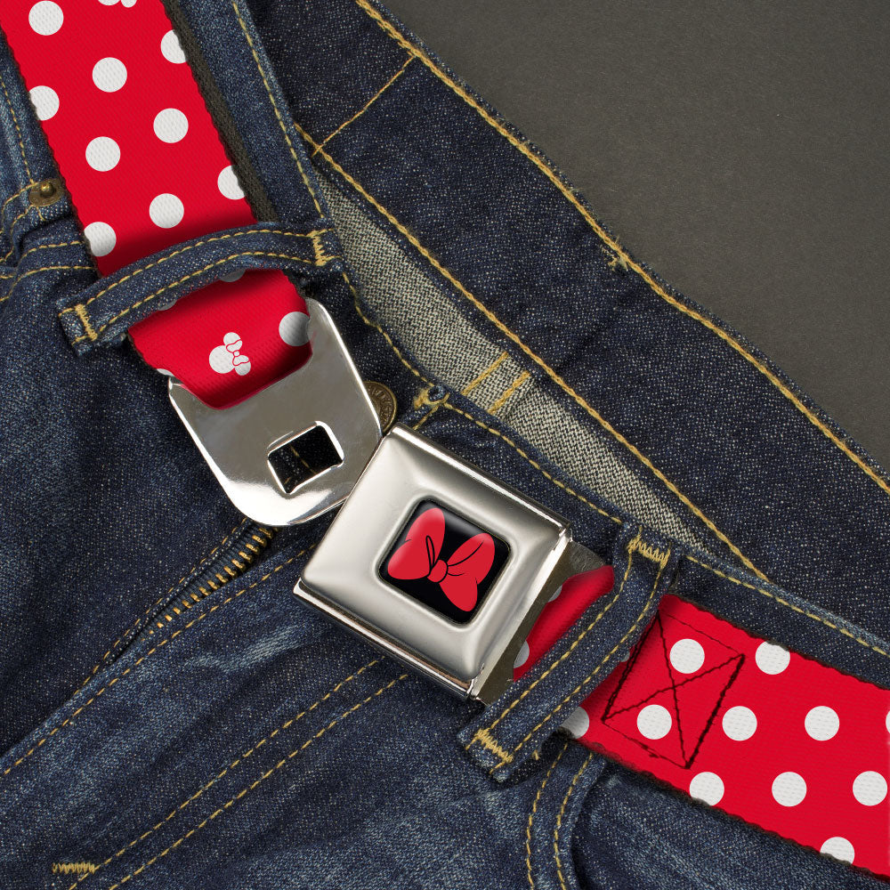Minnie Mouse Bow Full Color Black/Red Seatbelt Belt - Minnie Mouse Polka Dot/Mini Silhouette Red/White Webbing