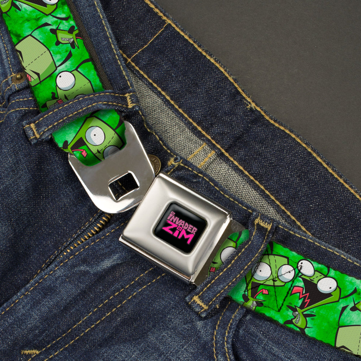 INVADER ZIM Title Logo Full Color Pink/Green Seatbelt Belt - Invader Zim GIR Poses Tie Dye Greens Webbing