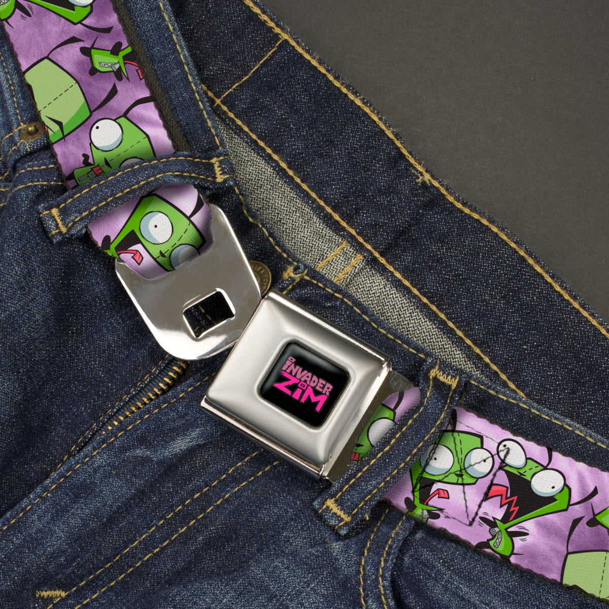 INVADER ZIM Title Logo Full Color Pink/Green Seatbelt Belt - Invader Zim GIR Poses Tie Dye Blues Webbing