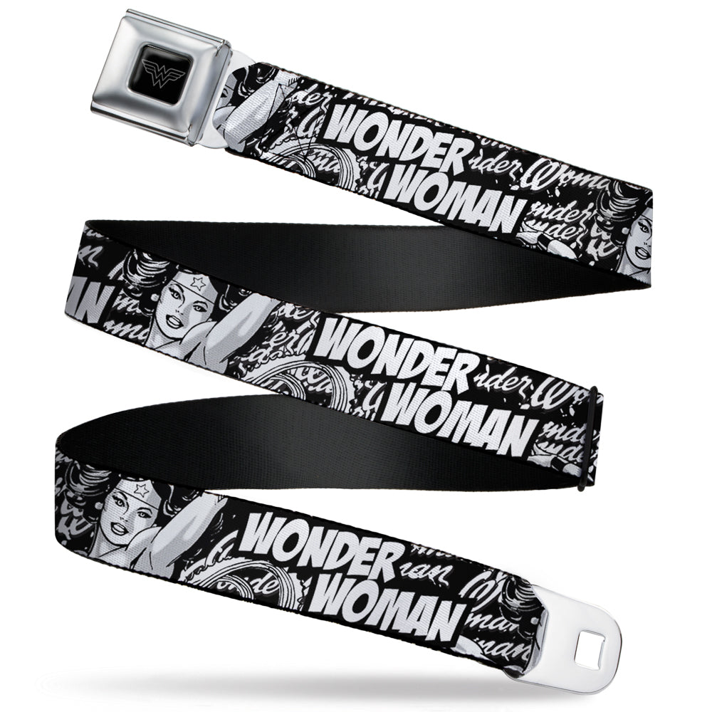 Wonder Woman Logo Reverse Brushed Seatbelt Belt - WONDER WOMAN Action Pose/Text Collage Black/White/Grays Webbing