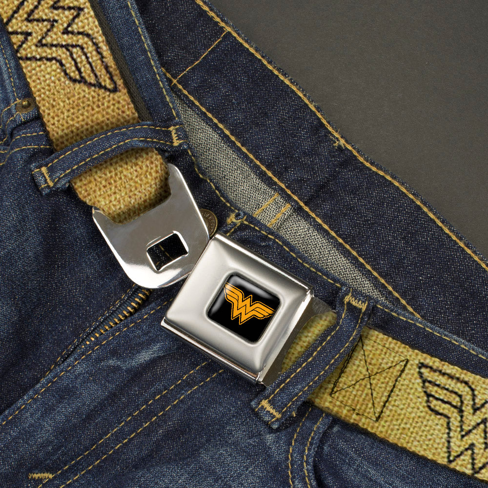 Wonder Woman Logo Reverse Brushed Black Gold Seatbelt Belt - Wonder Woman Logo Metallic Gold/Black Webbing