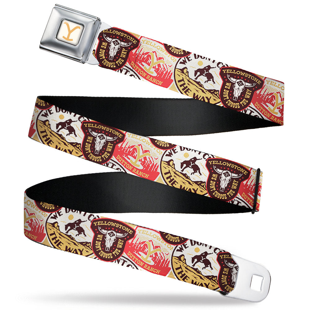 Yellowstone Y Logo Full Color White/Yellow Seatbelt Belt - Yellowstone Patches Stacked Browns/Reds/Yellows Webbing