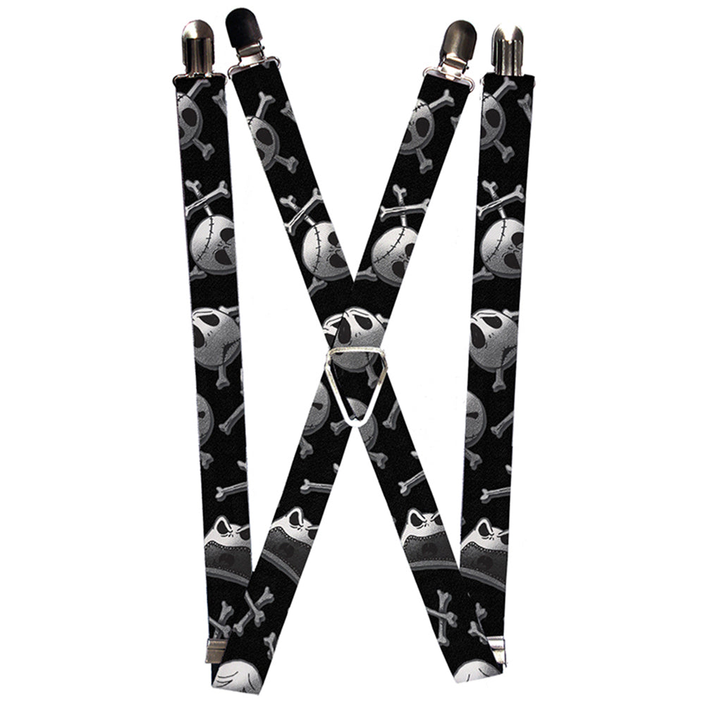 Suspenders - 1.0&quot; - Nightmare Before Christmas Jack Skull &amp; Crossbones Scattered Black Grays