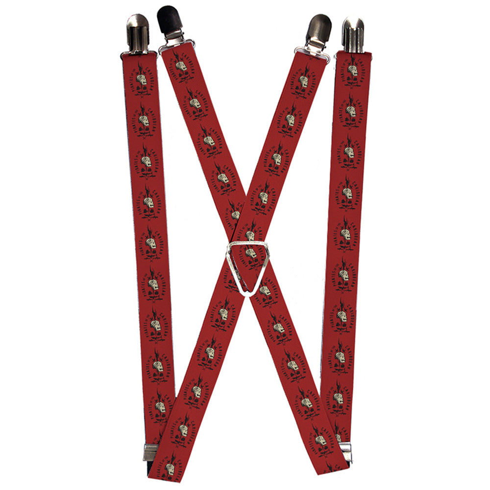 Suspenders - 1.0&quot; - PIRATES OF THE CARRIBEAN Jack Sparrow Skull Icon Red Black Gray