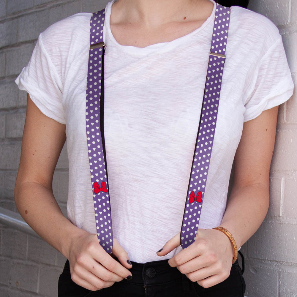 Suspenders - 1.0&quot; - Minnie Mouse Bow Ears Monogram/Dots Purple/White