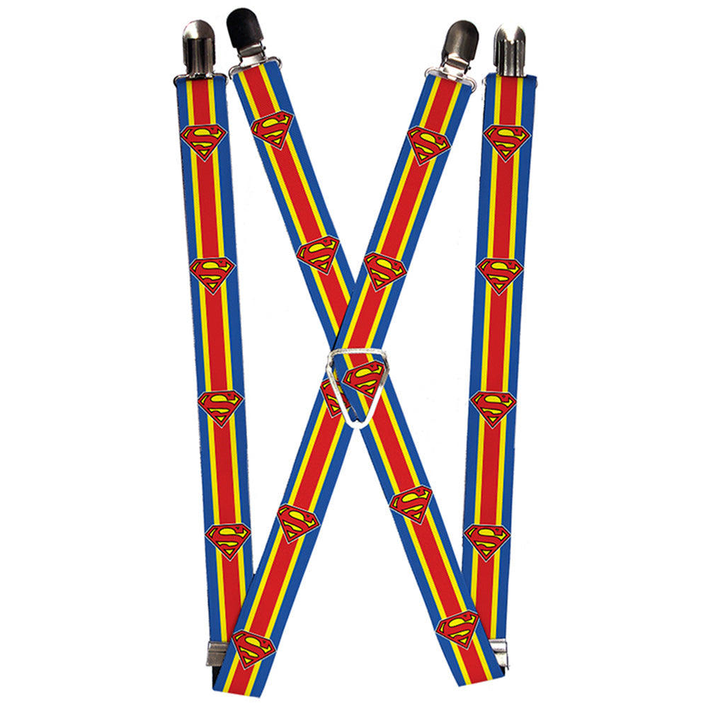Suspenders - 1.0&quot; - Superman Shield Stripe Blue Yellow Red