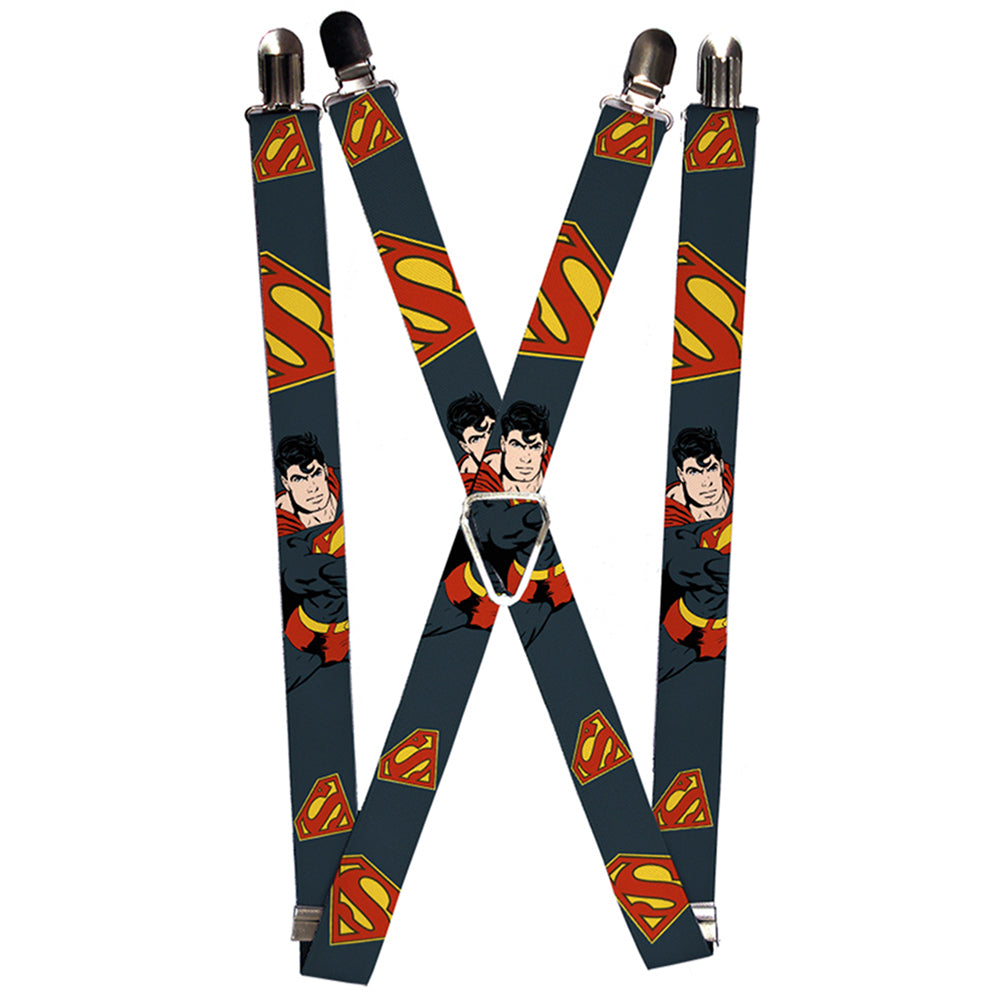 Suspenders - 1.0&quot; - Superman Action Pose Scattered Shield Navy Gold Red