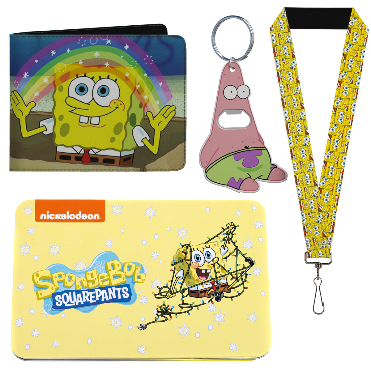 Spongebob Squarepants 4 piece gift set - Bi Fold Wallet, Lanyard, Bottle Opener Keychain &amp; Collectible Tin