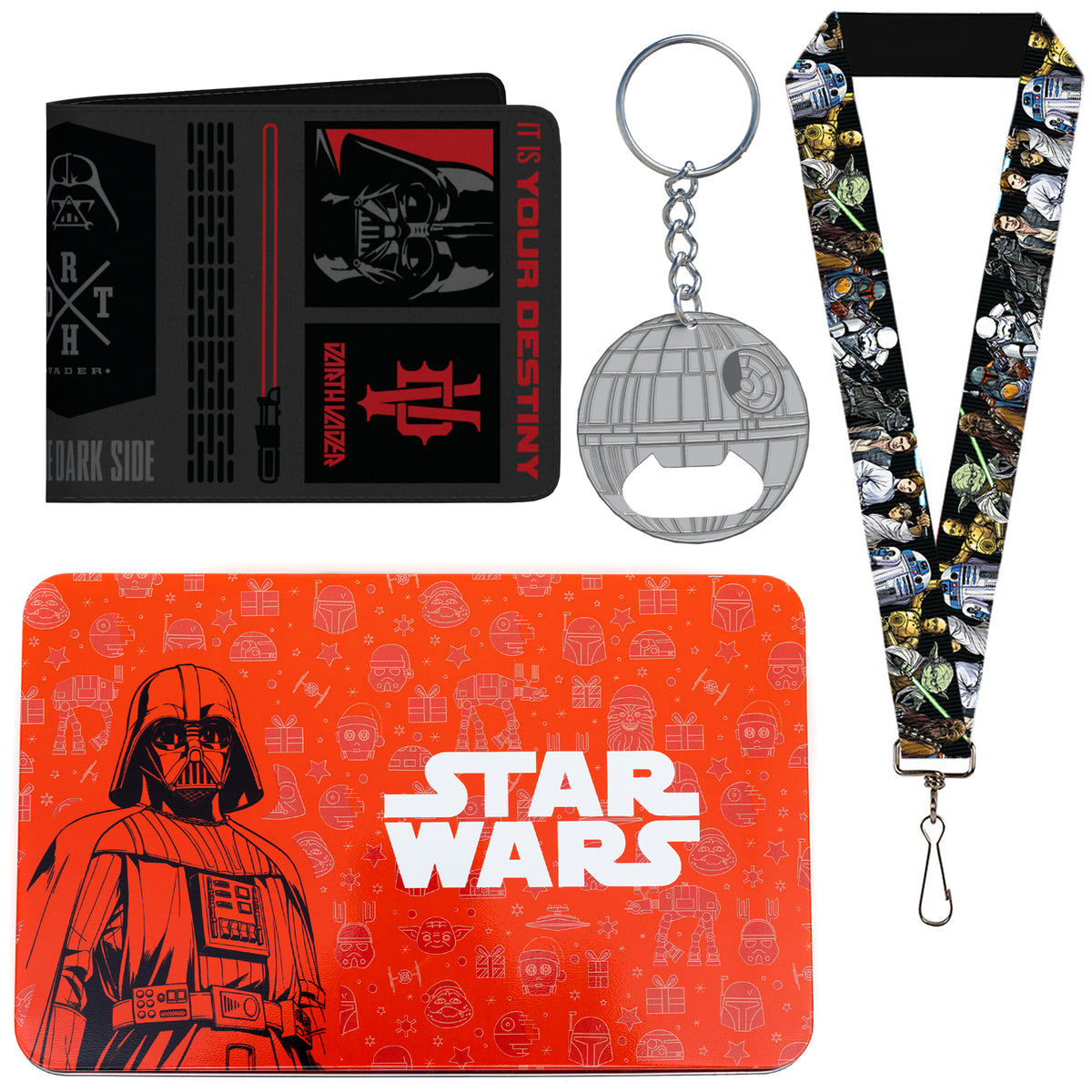 Star Wars 4 piece gift set - Bi Fold Wallet, Lanyard, Bottle Opener Keychain & Collectible Tin