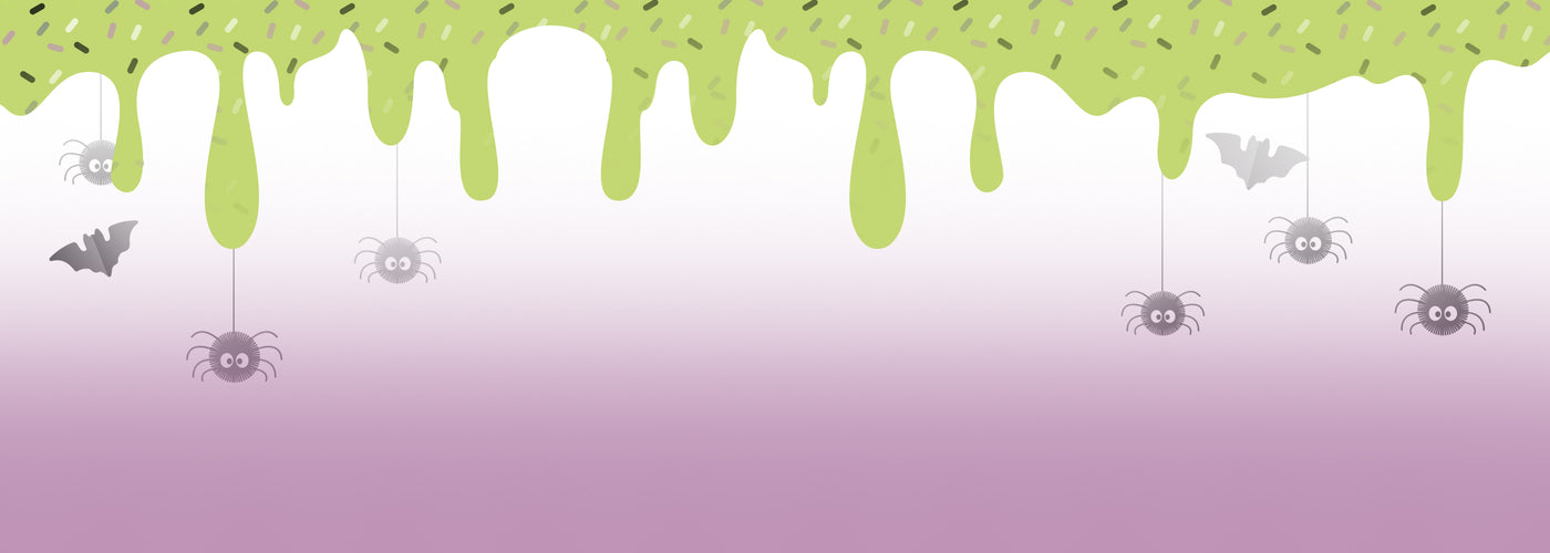 a green dripping icing on a purple and white background