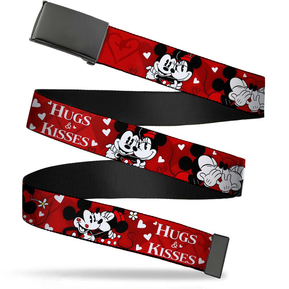 Black Buckle Web Belt - Mickey &amp; Minnie HUGS &amp; KISSES Poses Reds/White Webbing