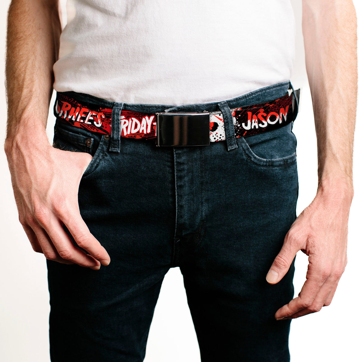 Web Belt Blank Black Buckle - FRIDAY THE 13TH JASON VOORHIES Mask Text Black/Red/White Webbing