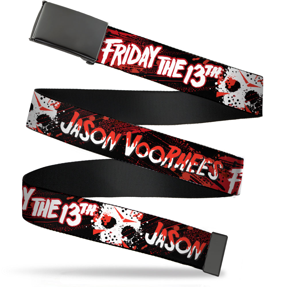 Web Belt Blank Black Buckle - FRIDAY THE 13TH JASON VOORHIES Mask Text Black/Red/White Webbing